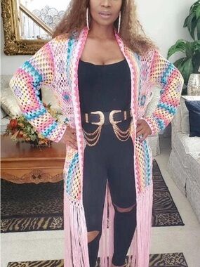 Pink Multi-Color Crochet Fringe Cardigan Sweater